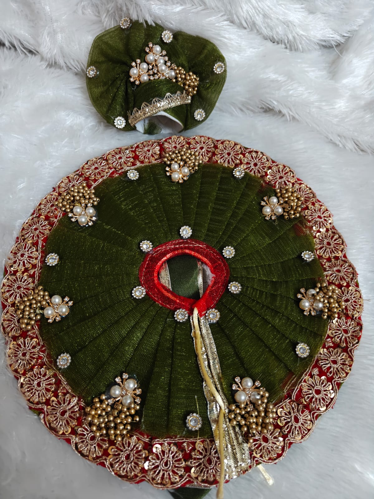 Laddu Gopal Designer Green & Maroon Dress with Mukut Combo